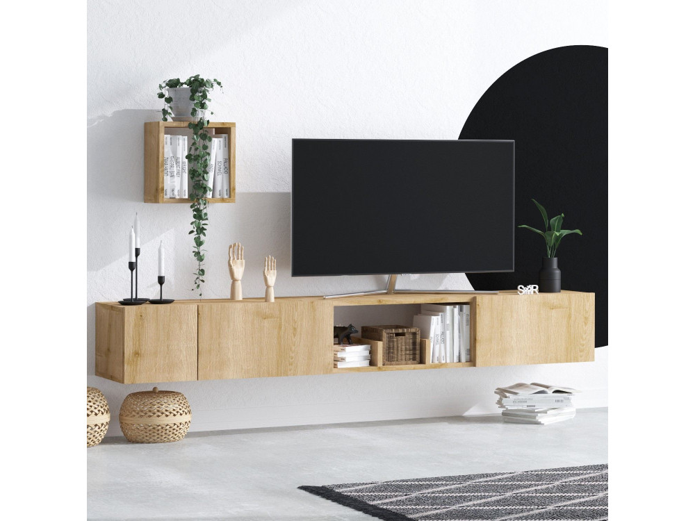 Drewniany stojak TV "Avior" z półką ścienną - 180 x 32 x 25 cm - Beżowy