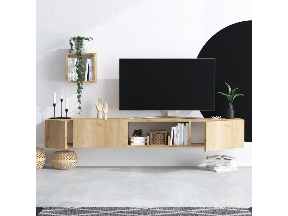 Drewniany stojak TV "Avior" z półką ścienną - 180 x 32 x 25 cm - Beżowy