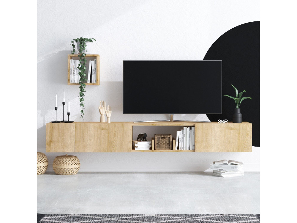 Drewniany stojak TV "Avior" z półką ścienną - 180 x 32 x 25 cm - Beżowy