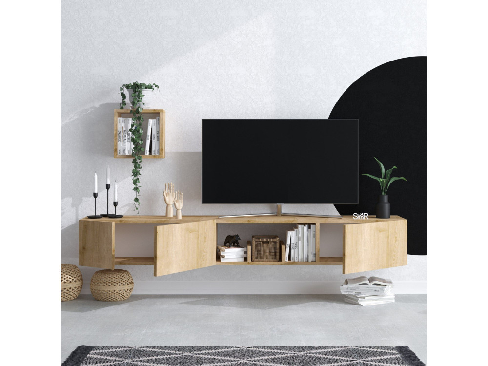 Drewniany stojak TV "Avior" z półką ścienną - 180 x 32 x 25 cm - Beżowy