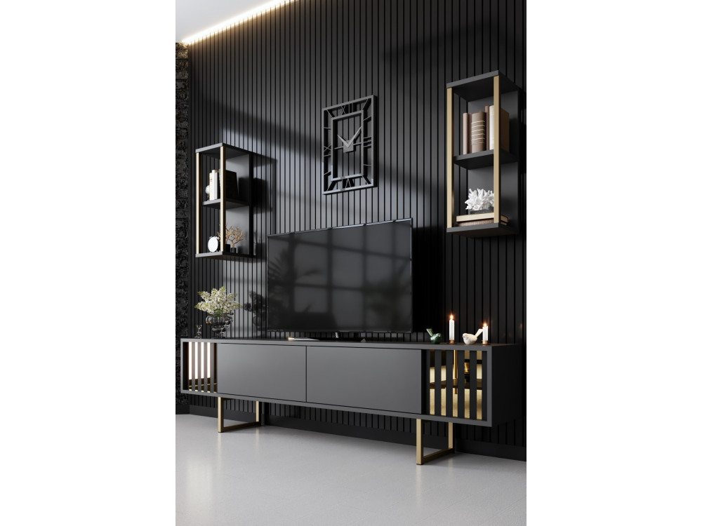 Drewniana podstawa pod telewizor "Gold Line" - 180 x 30 x 48 cm - Antracytowo-czarny
