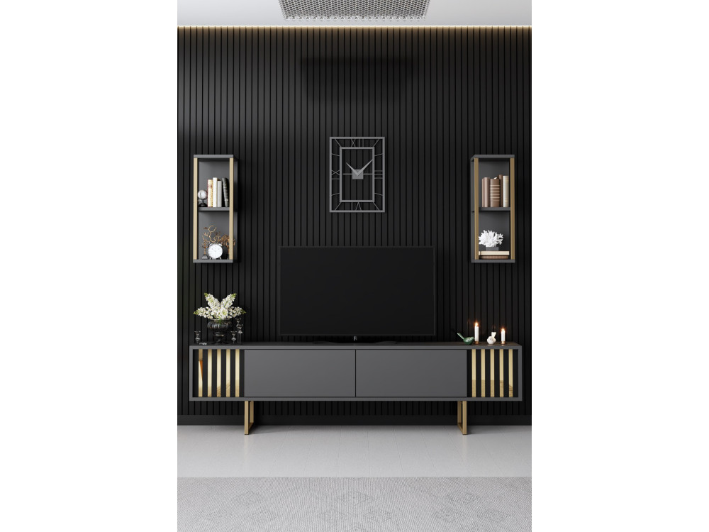 Drewniana podstawa pod telewizor "Gold Line" - 180 x 30 x 48 cm - Antracytowo-czarny