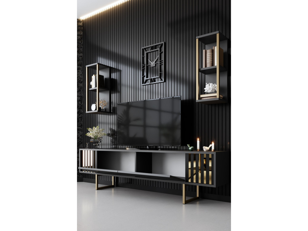 Drewniana podstawa pod telewizor "Gold Line" - 180 x 30 x 48 cm - Antracytowo-czarny