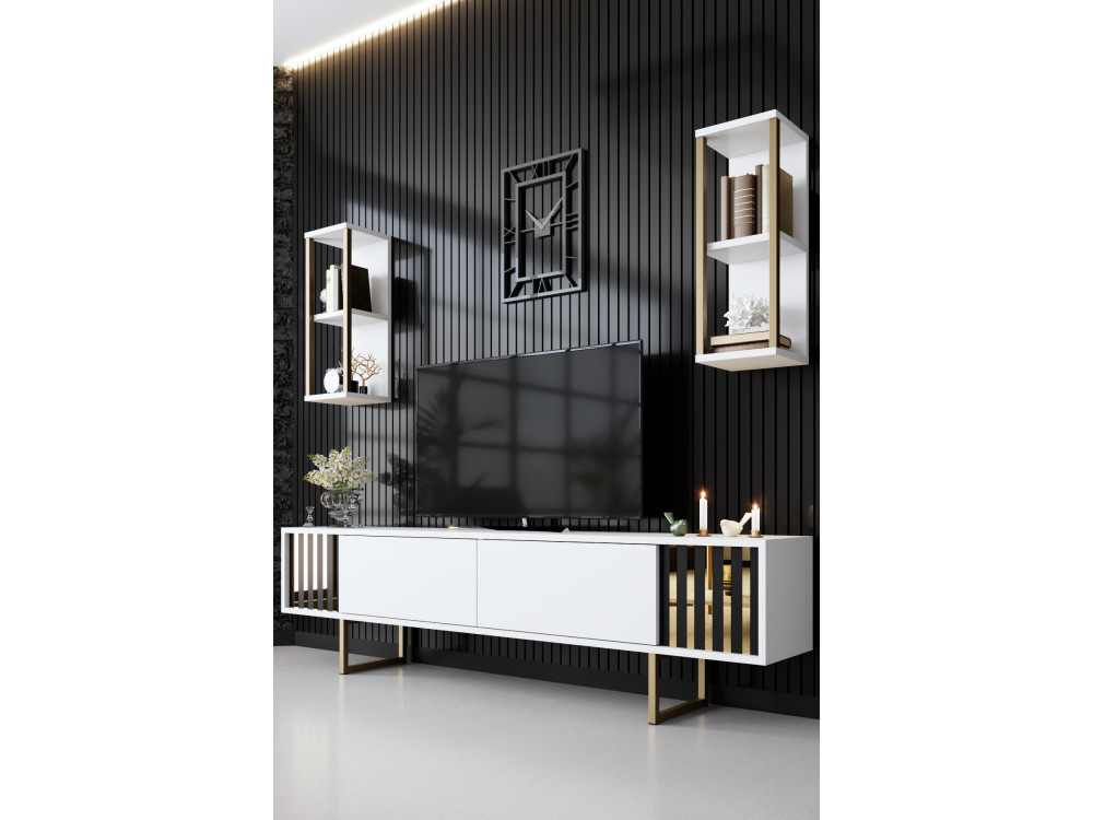 Drewniana podstawa pod telewizor "Gold Line" - 180 x 30 x 48 cm - Biało-czarny