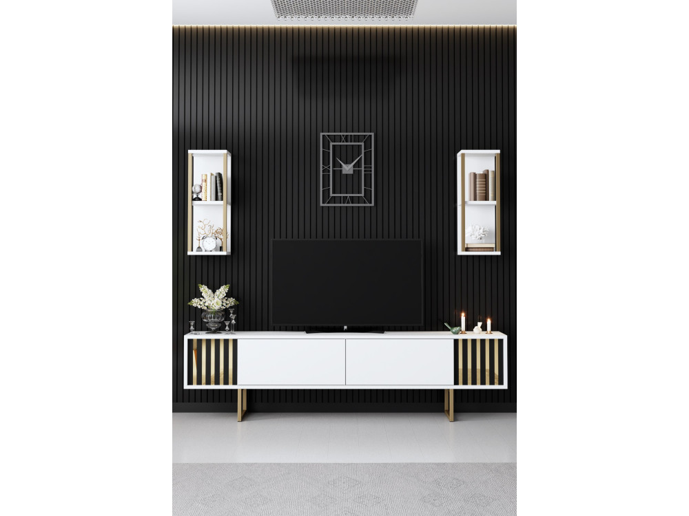 Drewniana podstawa pod telewizor "Gold Line" - 180 x 30 x 48 cm - Biało-czarny