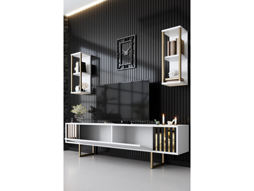 Drewniana podstawa pod telewizor "Gold Line" - 180 x 30 x 48 cm - Biało-czarny