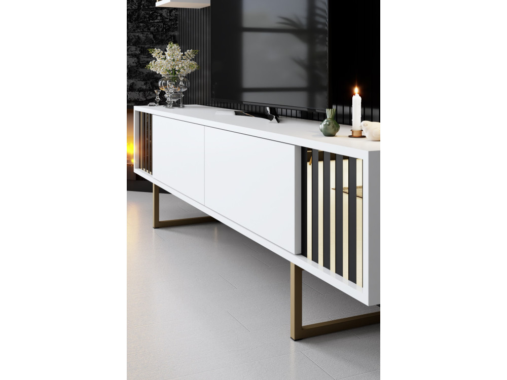 Drewniana podstawa pod telewizor "Gold Line" - 180 x 30 x 48 cm - Biało-czarny