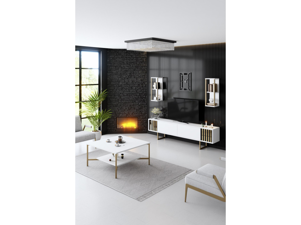 Drewniana podstawa pod telewizor "Gold Line" - 180 x 30 x 48 cm - Biało-czarny