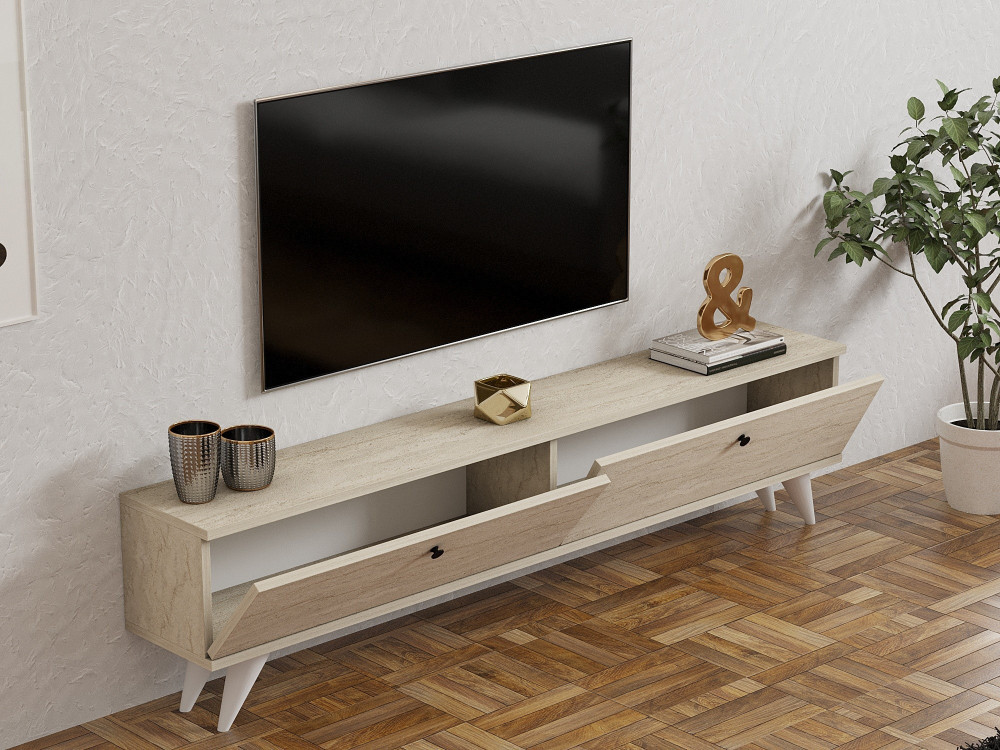 Drewniany stojak na telewizor "Parlak" - 160 x 25 x 40 cm - Beżowy