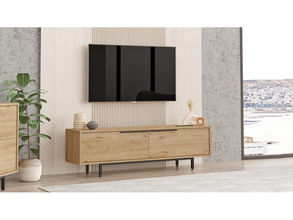 Drewniany stojak na telewizor "Calvin" - 160 x 35 x 45 cm - Brązowy