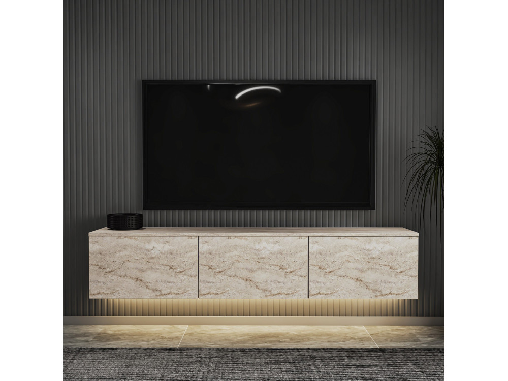 Drewniana wisząca szafka TV z oświetleniem LED "Neon illuminated" - 160 x 32 x 35 cm - Trawertyn