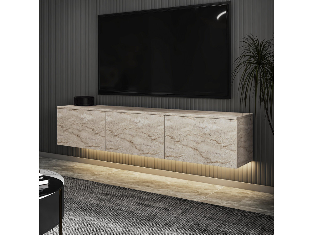 Drewniana wisząca szafka TV z oświetleniem LED "Neon illuminated" - 160 x 32 x 35 cm - Trawertyn