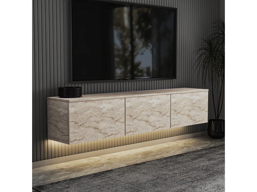 Drewniana wisząca szafka TV z oświetleniem LED "Neon illuminated" - 160 x 32 x 35 cm - Trawertyn