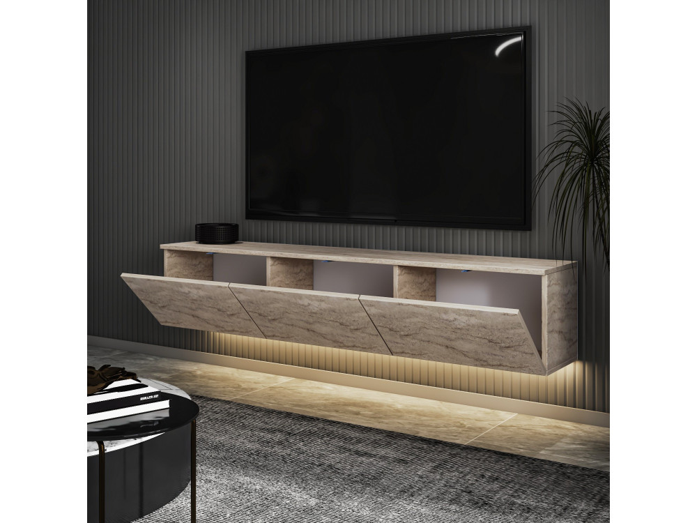 Drewniana wisząca szafka TV z oświetleniem LED "Neon illuminated" - 160 x 32 x 35 cm - Trawertyn