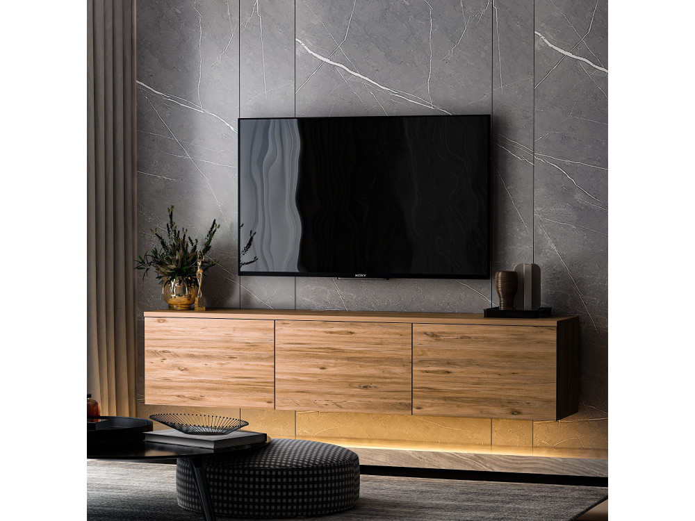 Podwieszany drewniany stojak TV "Neon illuminated" z oświetleniem LED - 160 x 32 x 35 cm - Brązowy