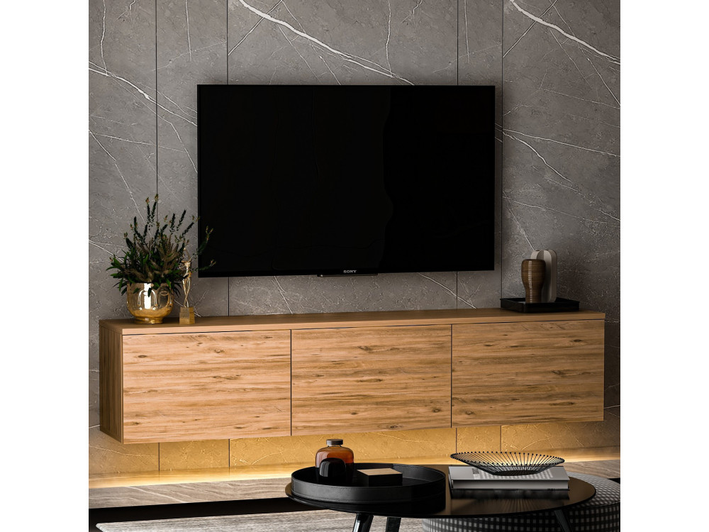 Podwieszany drewniany stojak TV "Neon illuminated" z oświetleniem LED - 160 x 32 x 35 cm - Brązowy