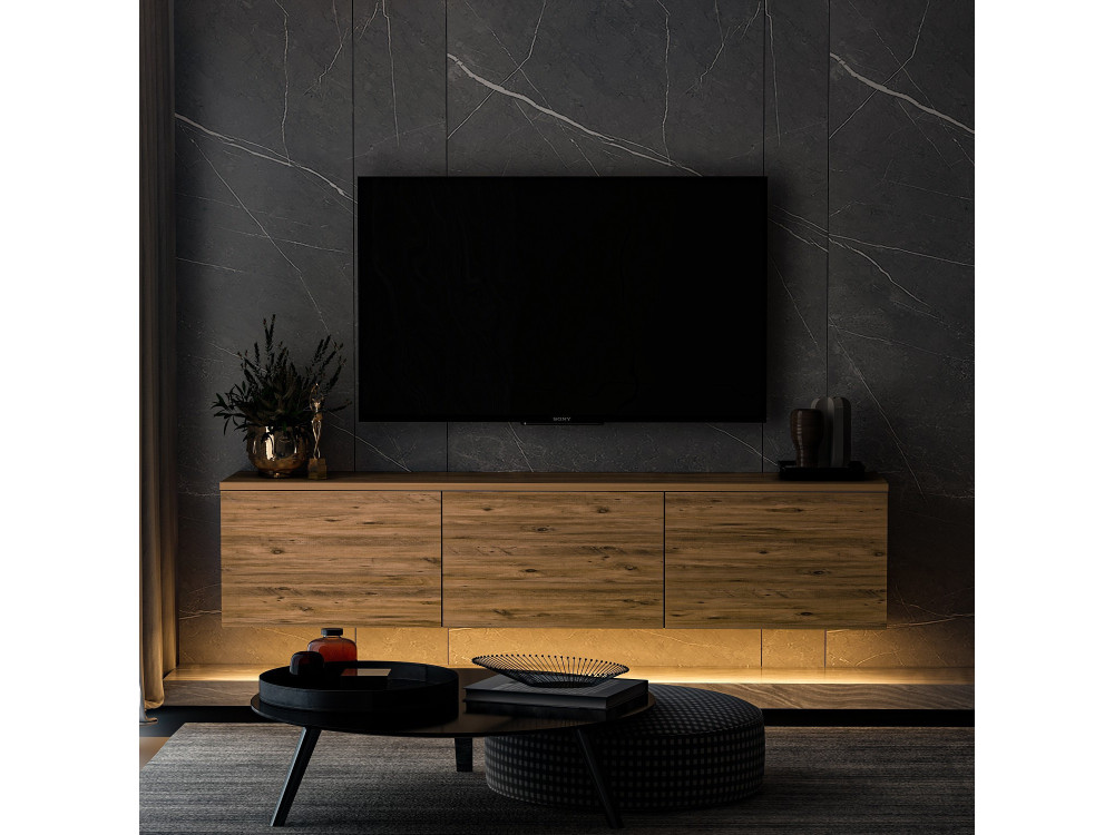 Podwieszany drewniany stojak TV "Neon illuminated" z oświetleniem LED - 160 x 32 x 35 cm - Brązowy