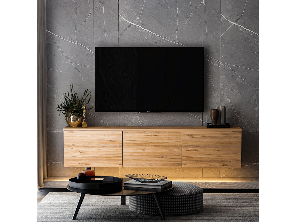 Podwieszany drewniany stojak TV "Neon illuminated" z oświetleniem LED - 160 x 32 x 35 cm - Brązowy