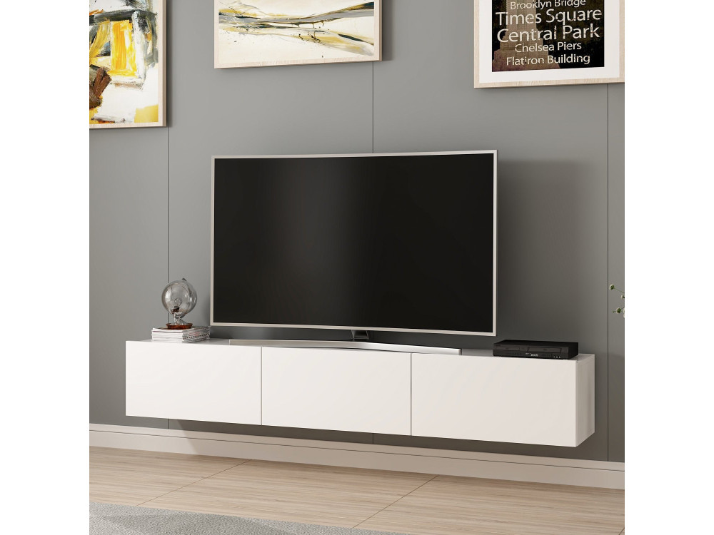 Podwieszana drewniana szafka TV "Rigel" - 180 x 32 x 30 cm - Biały