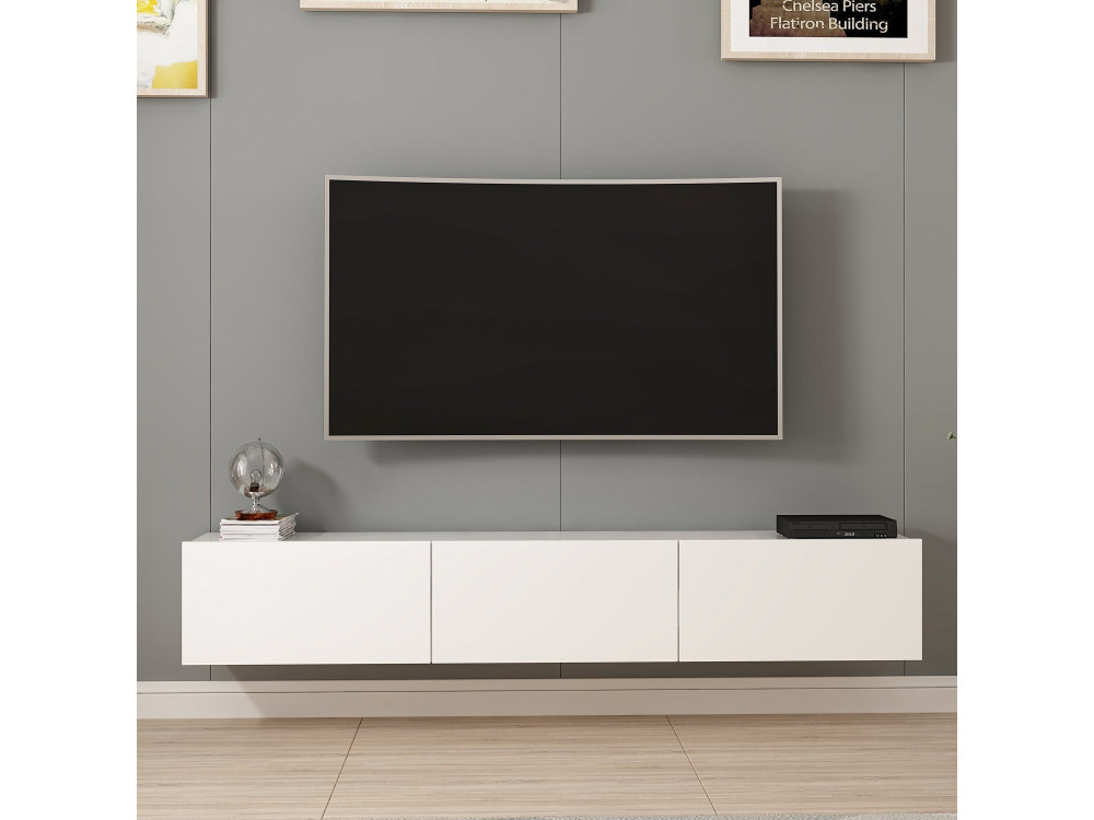 Podwieszana drewniana szafka TV "Rigel" - 180 x 32 x 30 cm - Biały