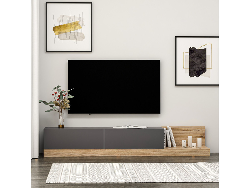 Drewniana szafka pod telewizor "Majör" - 180 x 37 x 30 cm - Antracytowy szary