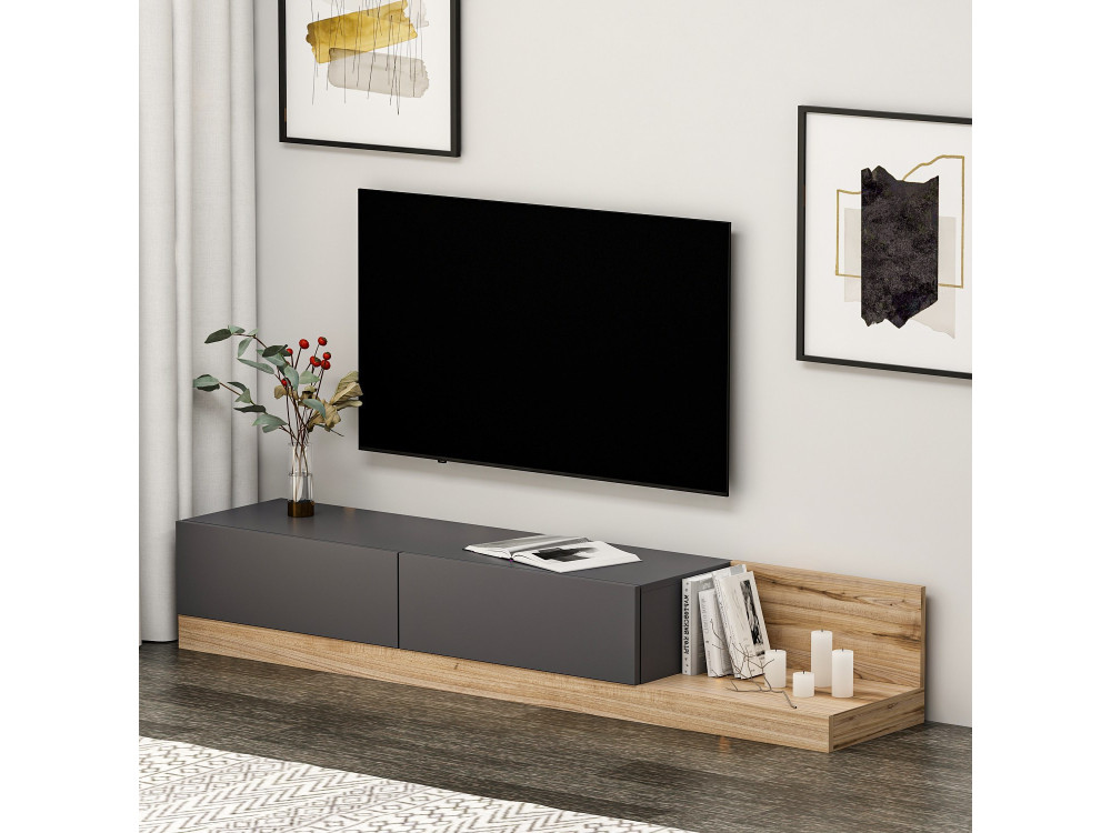 Drewniana szafka pod telewizor "Majör" - 180 x 37 x 30 cm - Antracytowy szary