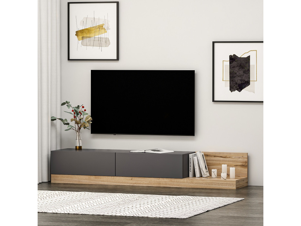 Drewniana szafka pod telewizor "Majör" - 180 x 37 x 30 cm - Antracytowy szary