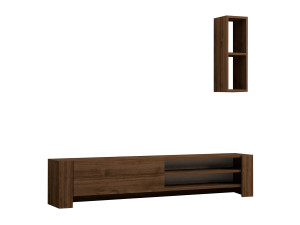 Drewniany stojak TV "Naz" z półką ścienną - 160 x 26 x 33 cm - Brązowy