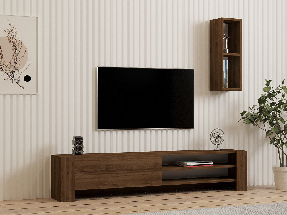 Drewniany stojak TV "Naz" z półką ścienną - 160 x 26 x 33 cm - Brązowy