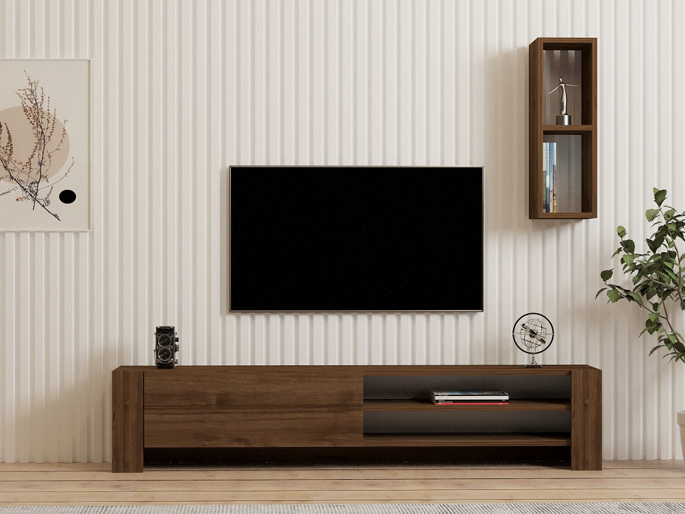 Drewniany stojak TV "Naz" z półką ścienną - 160 x 26 x 33 cm - Brązowy