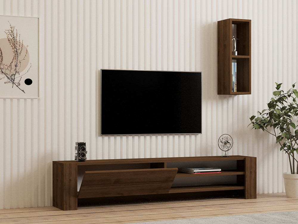 Drewniany stojak TV "Naz" z półką ścienną - 160 x 26 x 33 cm - Brązowy