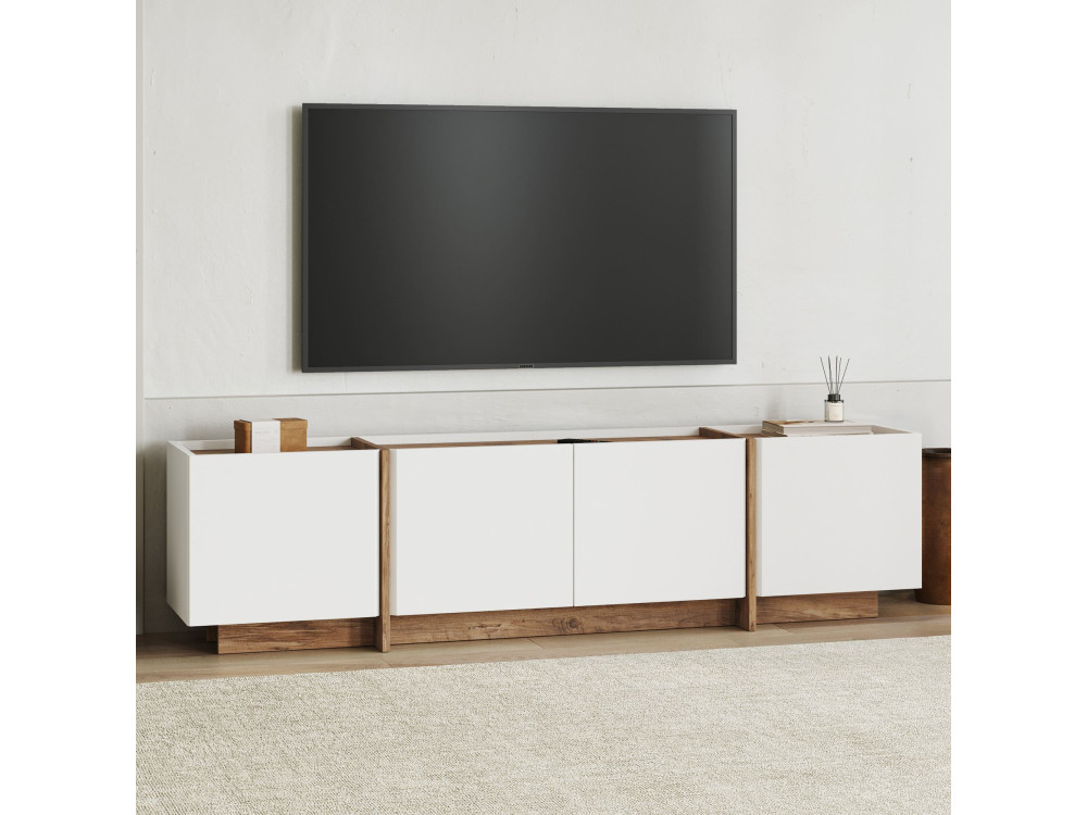 Drewniana szafka pod telewizor "Lowen" - 180 x 35 x 46 cm - Biały / Sosna atlantycka