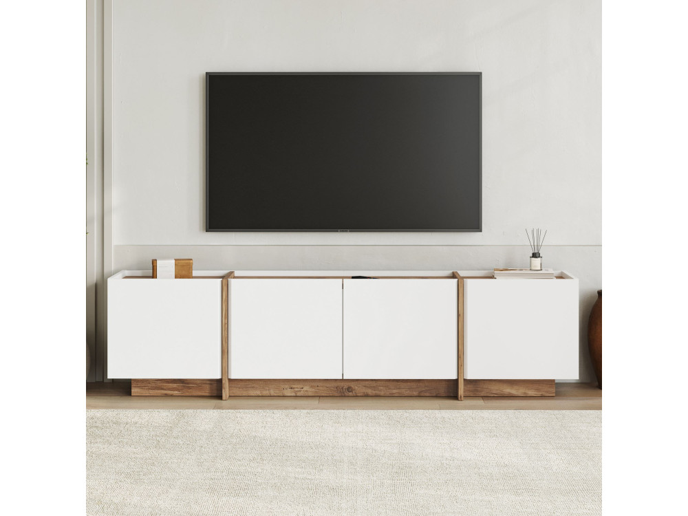 Drewniana szafka pod telewizor "Lowen" - 180 x 35 x 46 cm - Biały / Sosna atlantycka
