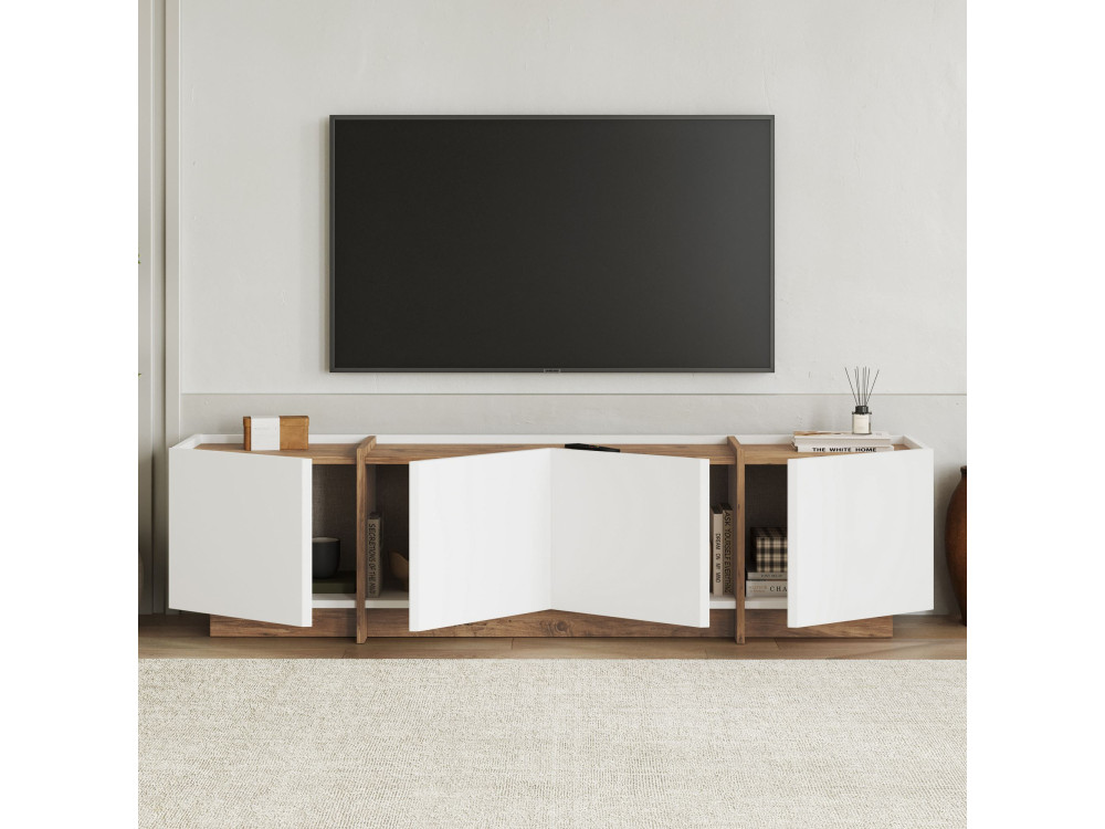 Drewniana szafka pod telewizor "Lowen" - 180 x 35 x 46 cm - Biały / Sosna atlantycka