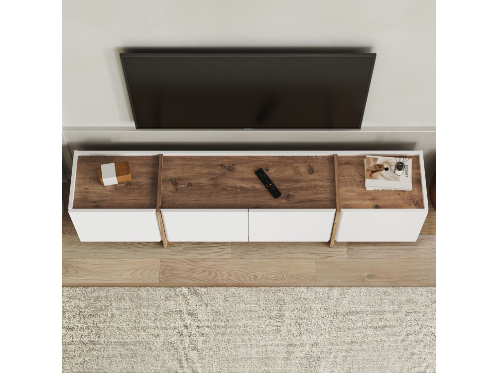 Drewniana szafka pod telewizor "Lowen" - 180 x 35 x 46 cm - Biały / Sosna atlantycka