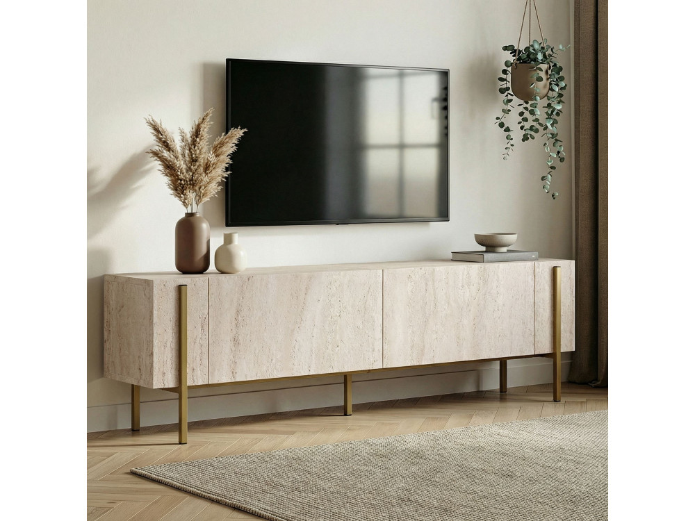 Drewniany stojak TV "Nexus" - 180 x 30 x 45 cm - trawertyn / złoty