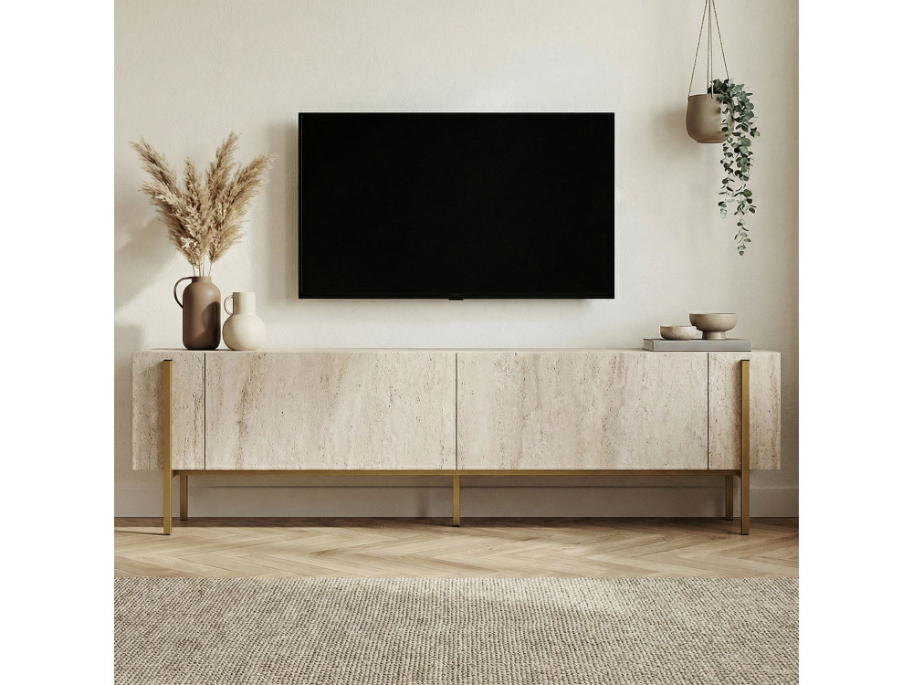 Drewniany stojak TV "Nexus" - 180 x 30 x 45 cm - trawertyn / złoty
