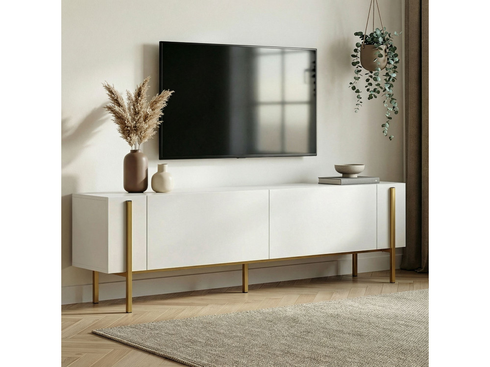 Drewniana podstawa pod telewizor "Nexus" - 180 x 30 x 45 cm - Biały / Złoty