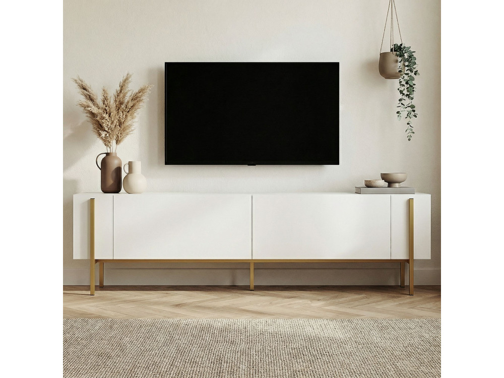 Drewniana podstawa pod telewizor "Nexus" - 180 x 30 x 45 cm - Biały / Złoty