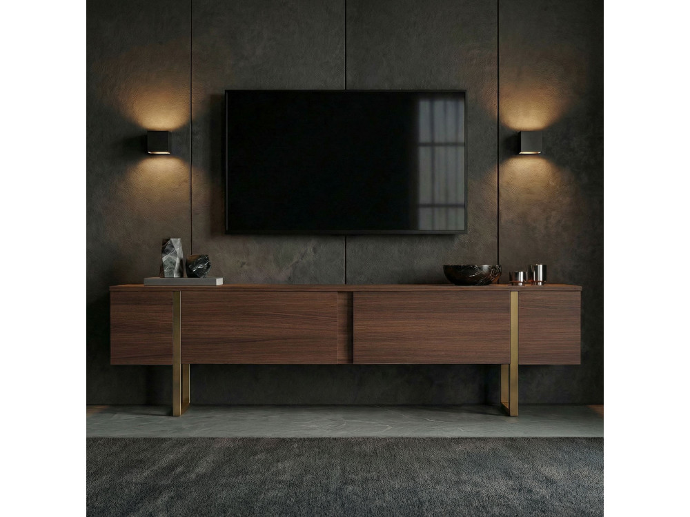 Drewniana podstawa pod telewizor "Onera" - 180 x 30 x 50 cm - Orzech / Złoty