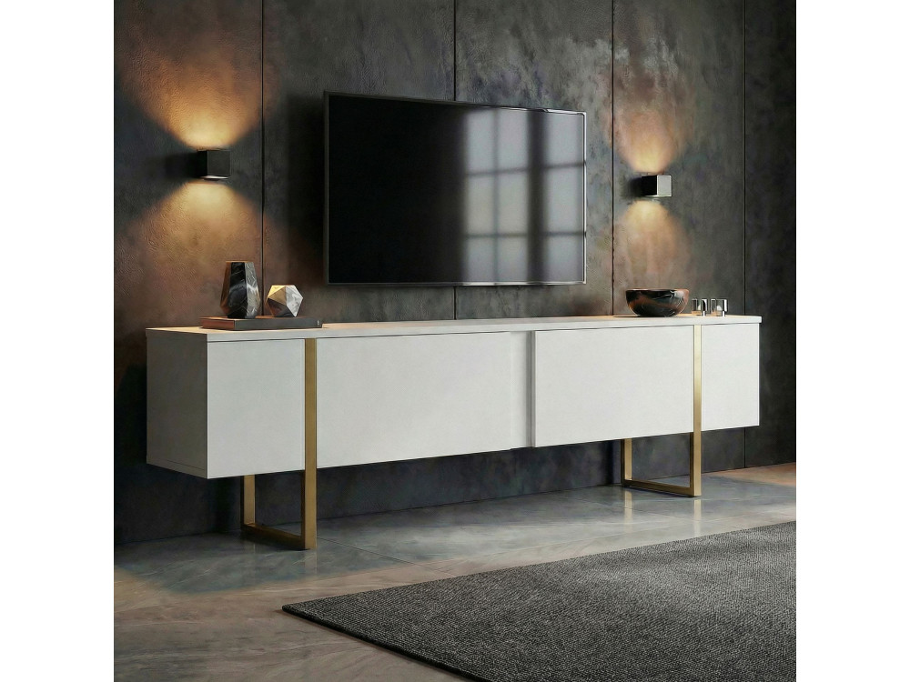 Drewniana podstawa pod telewizor "Onera" - 180 x 30 x 50 cm - Biały / Złoty