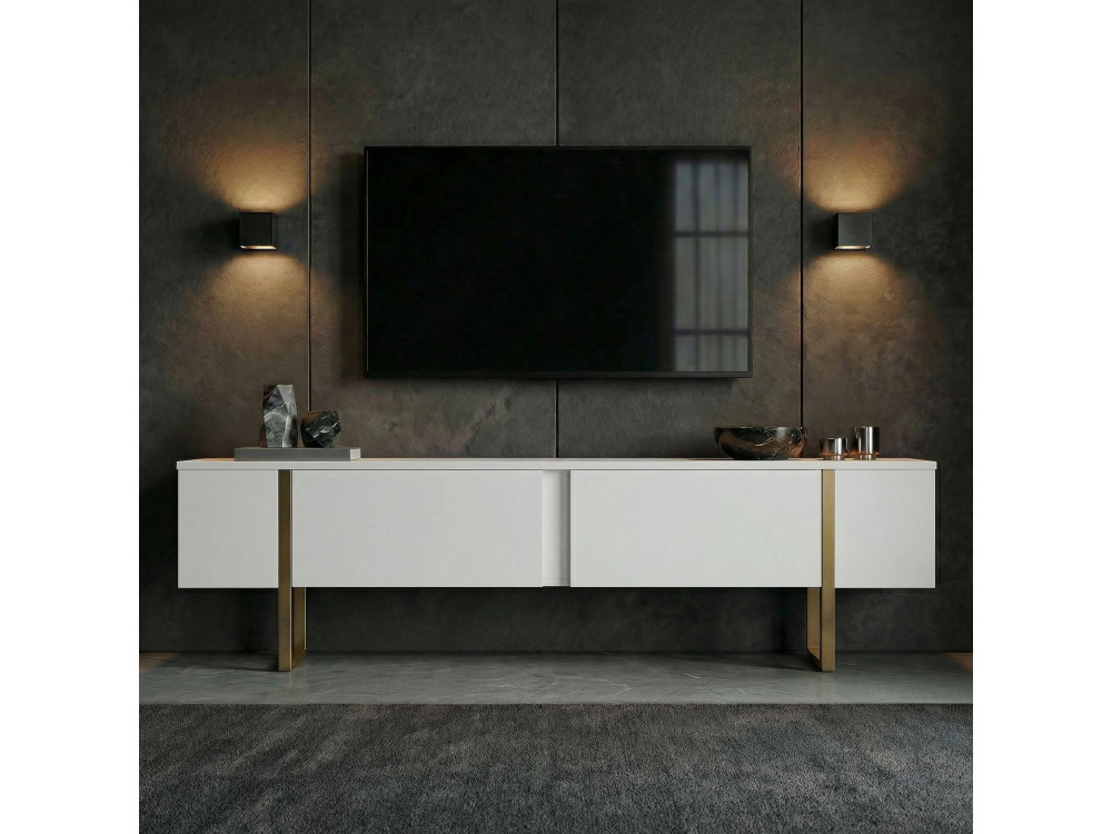 Drewniana podstawa pod telewizor "Onera" - 180 x 30 x 50 cm - Biały / Złoty