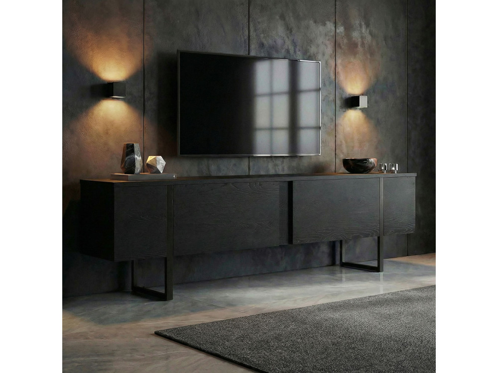 Drewniana podstawa pod telewizor "Onera" - 180 x 30 x 50 cm - Czarny / Czarne drewno