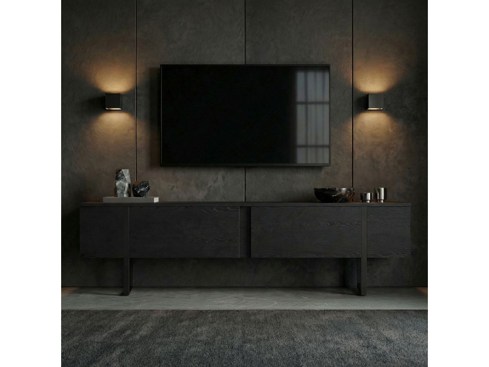 Drewniana podstawa pod telewizor "Onera" - 180 x 30 x 50 cm - Czarny / Czarne drewno