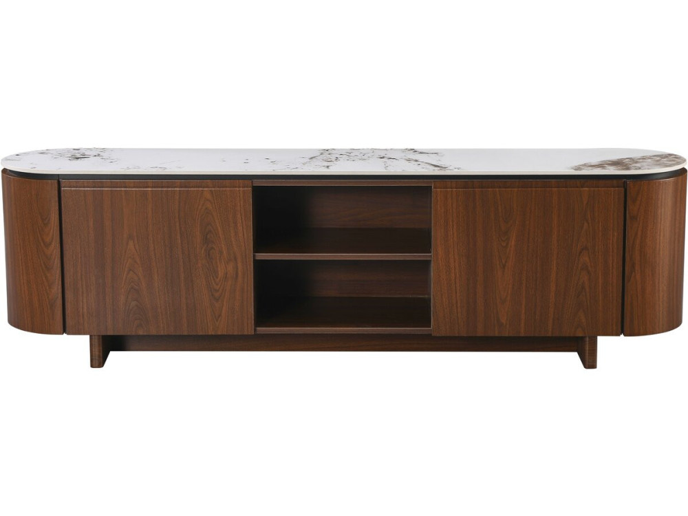 Drewniany stojak TV "Stonea" z ceramicznym blatem - 200 x 40 x 55 cm - Brązowy