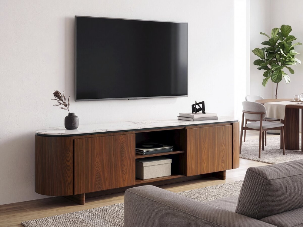 Drewniany stojak TV "Stonea" z ceramicznym blatem - 200 x 40 x 55 cm - Brązowy