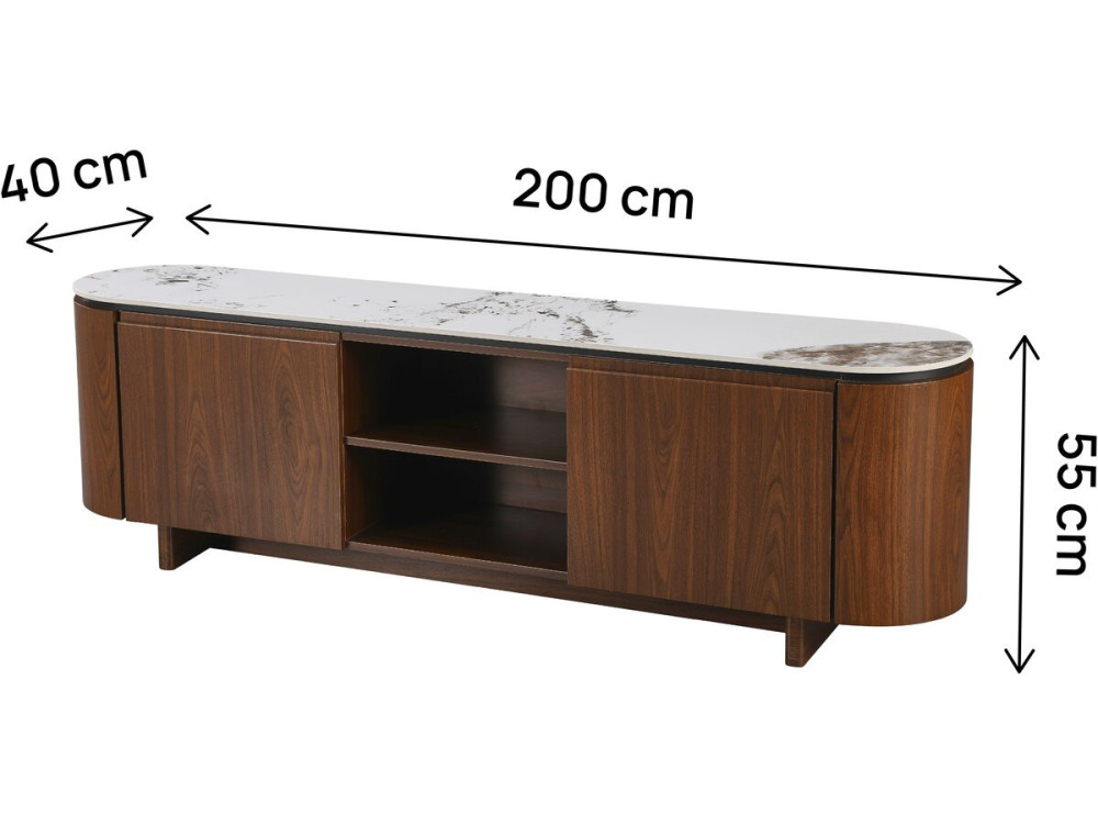 Drewniany stojak TV "Stonea" z ceramicznym blatem - 200 x 40 x 55 cm - Brązowy
