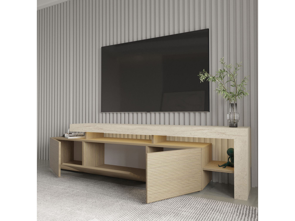 Drewniany stojak pod telewizor "Beliz" - 192 x 37 x 53 cm - Beżowy