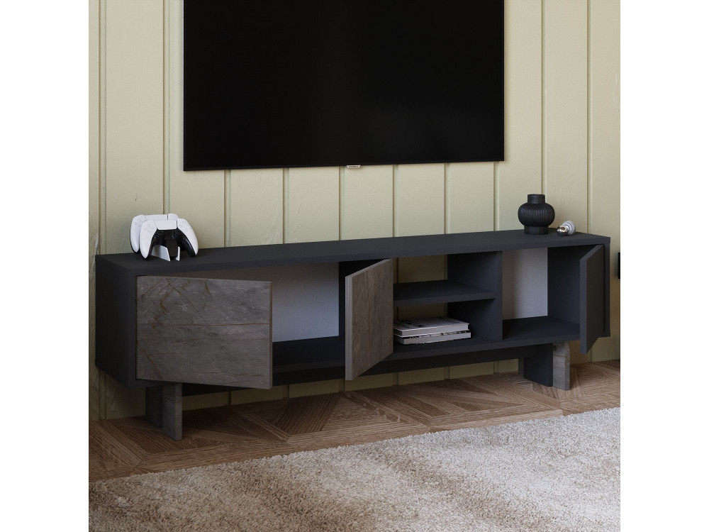 Drewniana szafka pod telewizor "Ravello" - 150 x 30 x 45 cm - Antracytowy szary
