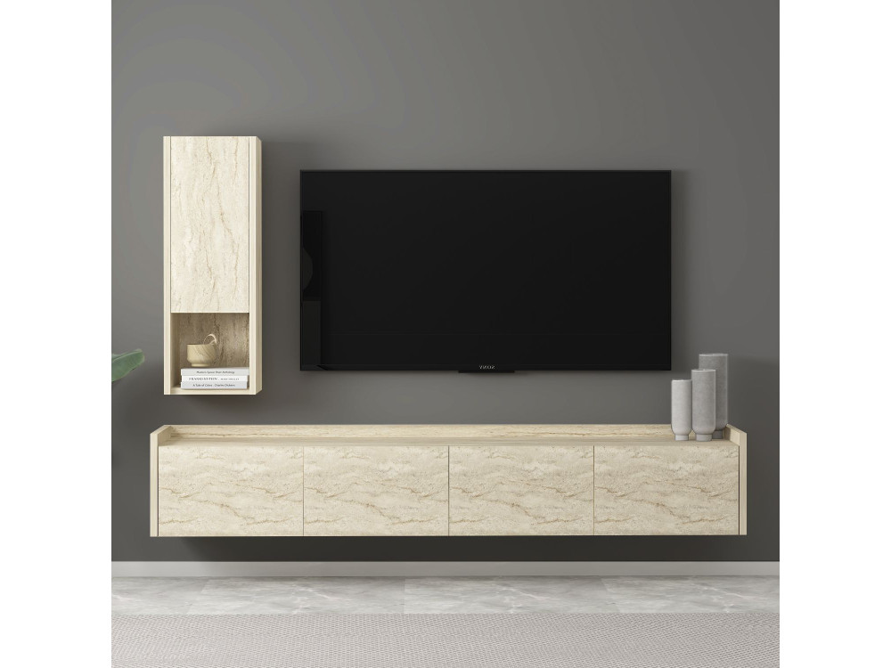 Drewniany stojak TV "Sema" z półką ścienną - 160 x 30 x 35 cm - Trawertyn